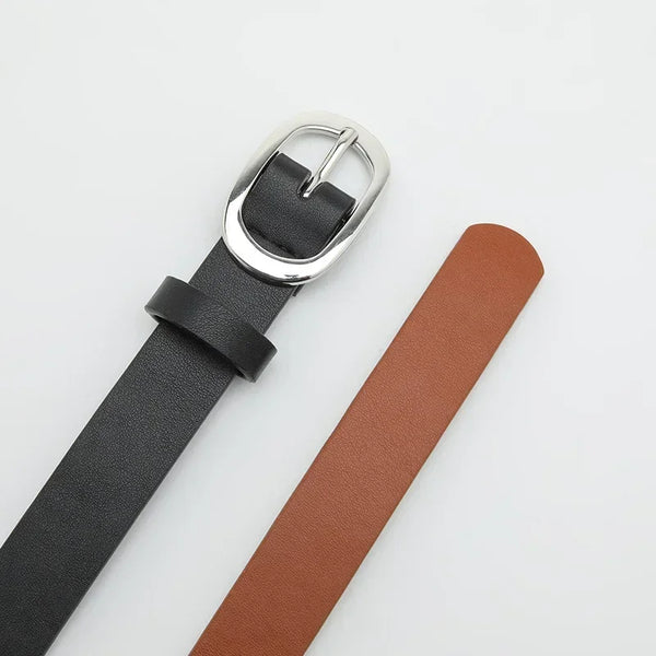 Chic round buckle women's belt in PU leather, stylish accessory for jeans or dresses, elegant and durable design.