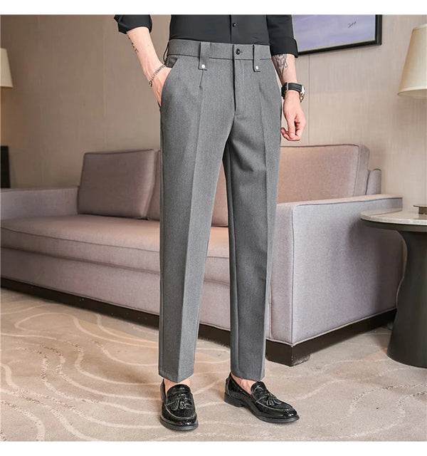 Men's slim fit dress pants in British style with elastic waist, perfect for casual or formal occasions, made from polyester b