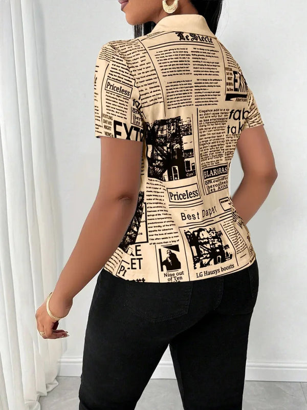Chic Newspaper Print Blouse in V-neck style, perfect for casual or office wear, made from breathable polyester.