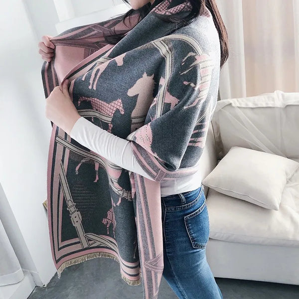 Cozy Cashmere Embrace scarf draped over a stylish winter outfit.
