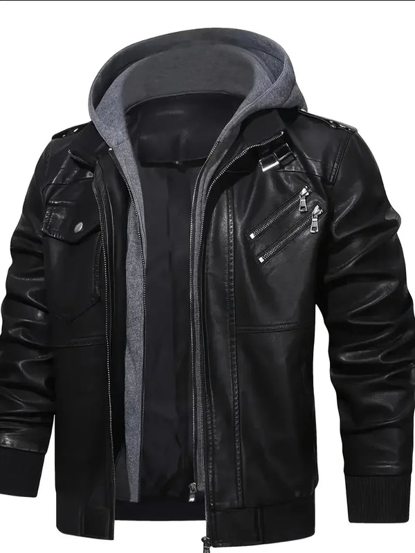 Sleek men's PU leather biker jacket with detachable hood, slim fit, perfect for autumn and winter casual wear.