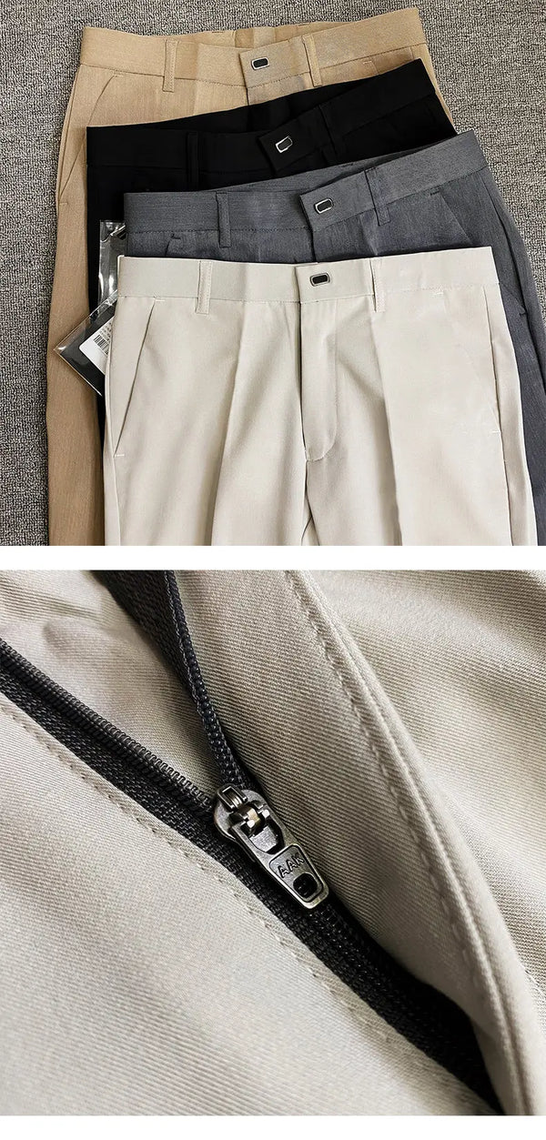 Men's slim fit stretch suit trousers in solid color, perfect for business casual and formal occasions, featuring zipper closu