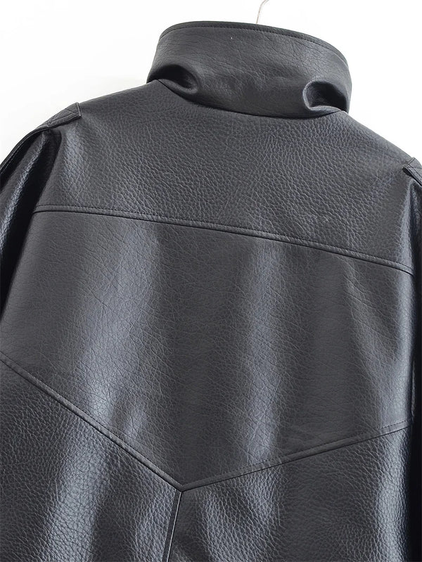 Chic black faux leather moto jacket for women, perfect for autumn evenings and stylish casual wear with functional pockets.