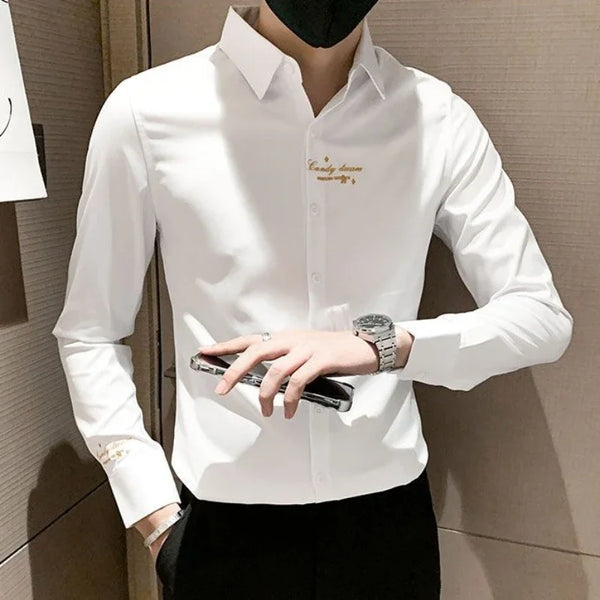 Elegant men's embroidered white long sleeve shirt with turn-down collar, perfect for casual and social events.