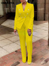 Full view of the tailored pant suit, emphasizing the structured silhouette and professional look.