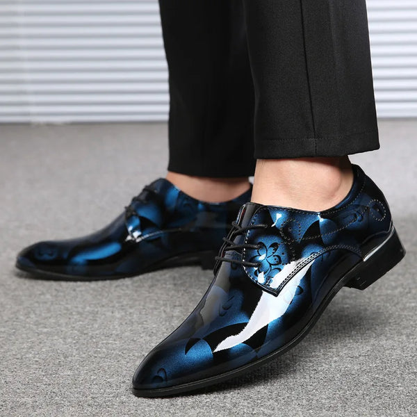 Close-up of the chic floral print on elegant men's Oxford dress shoes.