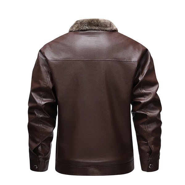 Side view of the stylish men's biker jacket with zip closure.