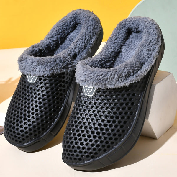 Velvet-lined cotton clogs in neutral color on white background