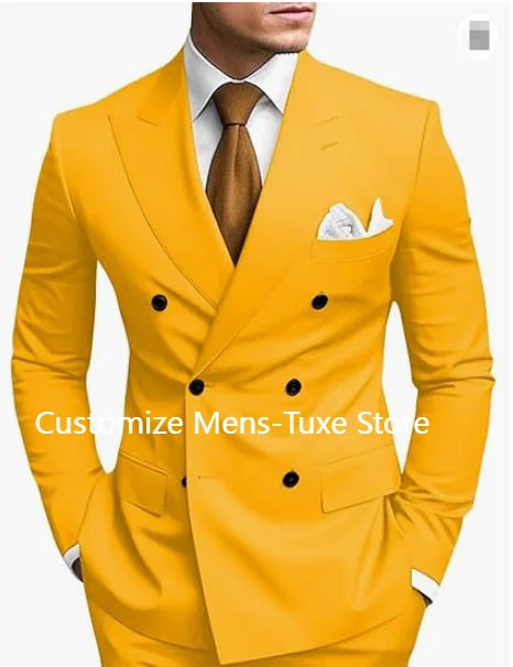 Navy double-breasted suit with a modern silhouette, ideal for cocktail attire.
