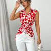 Chic geometric print ruffle blouse for women, lightweight jersey, slim fit, perfect for summer casual or elegant occasions.