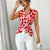 Chic geometric print ruffle blouse for women, lightweight jersey, slim fit, perfect for summer casual or elegant occasions.