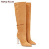 Fashionable black suede knee-high boots with a sleek design.