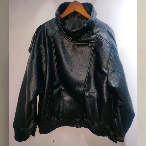 Chic black faux leather moto jacket for women, perfect for autumn evenings and stylish casual wear with a sleek silhouette.