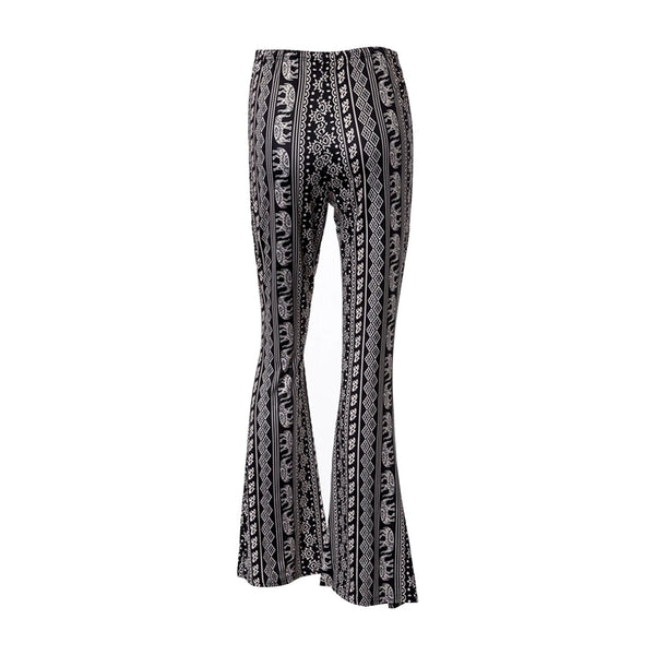 Bohemian flare leg pants for women in vibrant floral print, perfect for casual or festival wear in spring and summer.