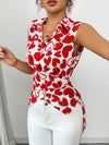 Chic geometric print ruffle blouse for women, lightweight jersey, slim fit, perfect for summer casual or elegant occasions.