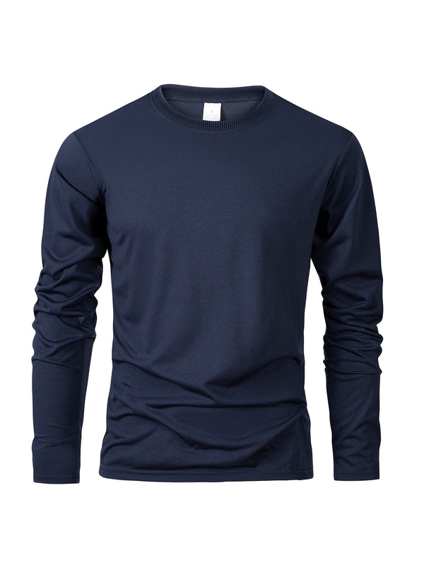 Men's long sleeve casual t-shirt in solid black, breathable polyester, O-neck, quick-drying, perfect for sports and lounging.