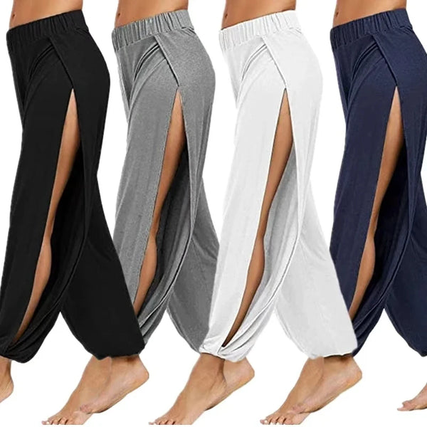 Chic high-waisted slit yoga pants for women, perfect for yoga, gym, or casual wear in breathable, stretchy fabric.