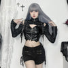Chic cropped faux leather biker jacket for women with rivet detailing, slim fit, and zip closure for edgy style.