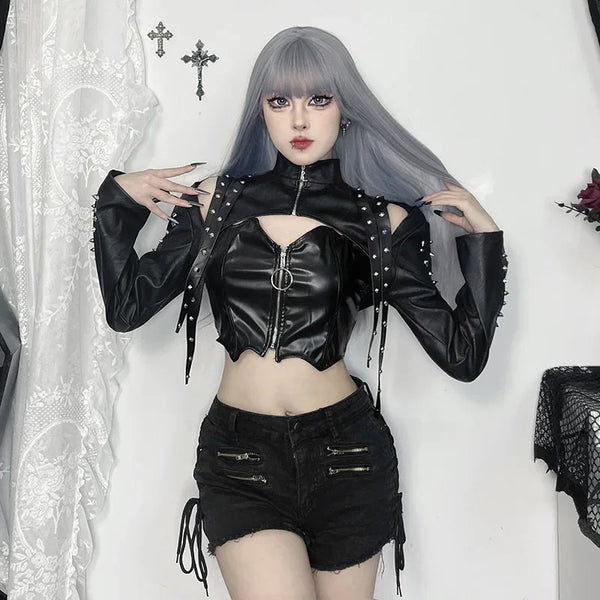 Chic cropped faux leather biker jacket for women with rivet detailing, slim fit, and zip closure for edgy style.