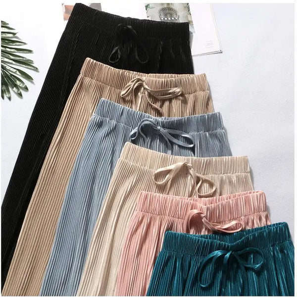 Chic wide leg summer pants for women in ice silk, pleated design, lightweight, breathable, and perfect for casual outings.