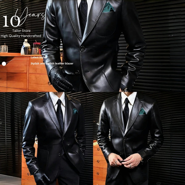 Sleek men's leather suit jacket in slim fit, casual design with notched collar, perfect for spring and autumn occasions.