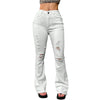 Chic light blue ripped flared jeans for women with high waist, deep pockets, and retro style for versatile fashion.