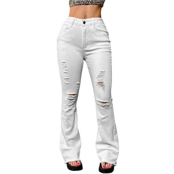 Chic light blue ripped flared jeans for women with high waist, deep pockets, and retro style for versatile fashion.
