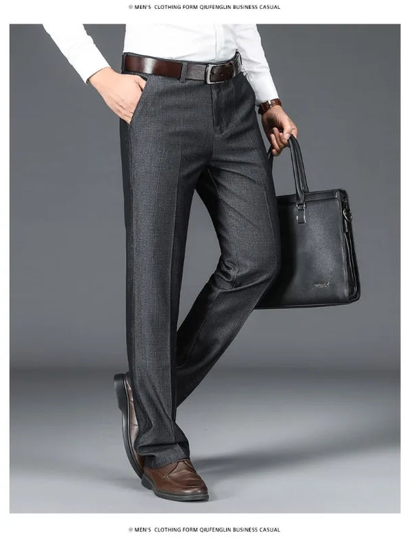 Back view of straight leg trousers highlighting tailored fit and high waist