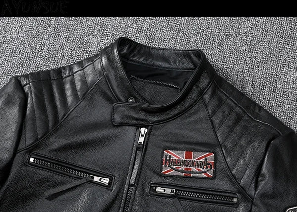 Men's slim fit leather motorcycle jacket in premium cow leather with stand collar and zip closure, perfect for spring and aut