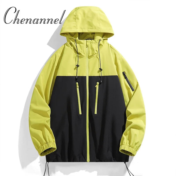 Men's waterproof hiking and urban windbreaker jacket with hood, full-zip closure, and oversized fit for all seasons.