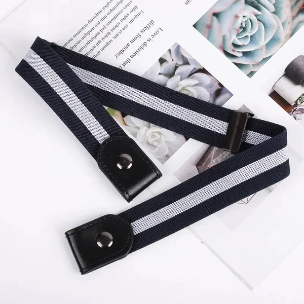Buckle-free elastic belt in black and blue, adjustable from 85-115cm, perfect for comfort and style for men and women.