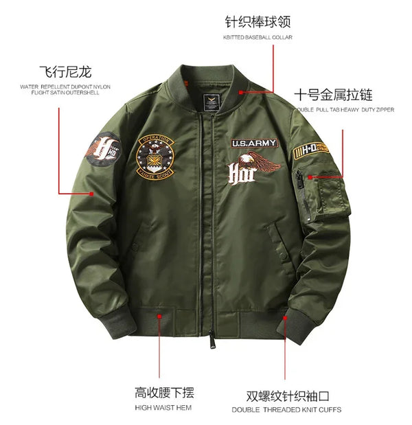 Men's slim fit bomber jacket in lightweight tactical design, perfect for spring travel and casual outings with ribbed sleeves