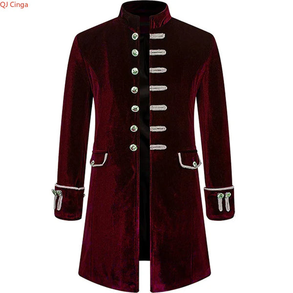 Elegant men's medieval-style trench coat in black, featuring a stand collar and single-breasted design for formal occasions.