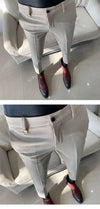 Slim fit business dress pants for men in black, khaki, and navy, perfect for autumn office wear and smart casual events.