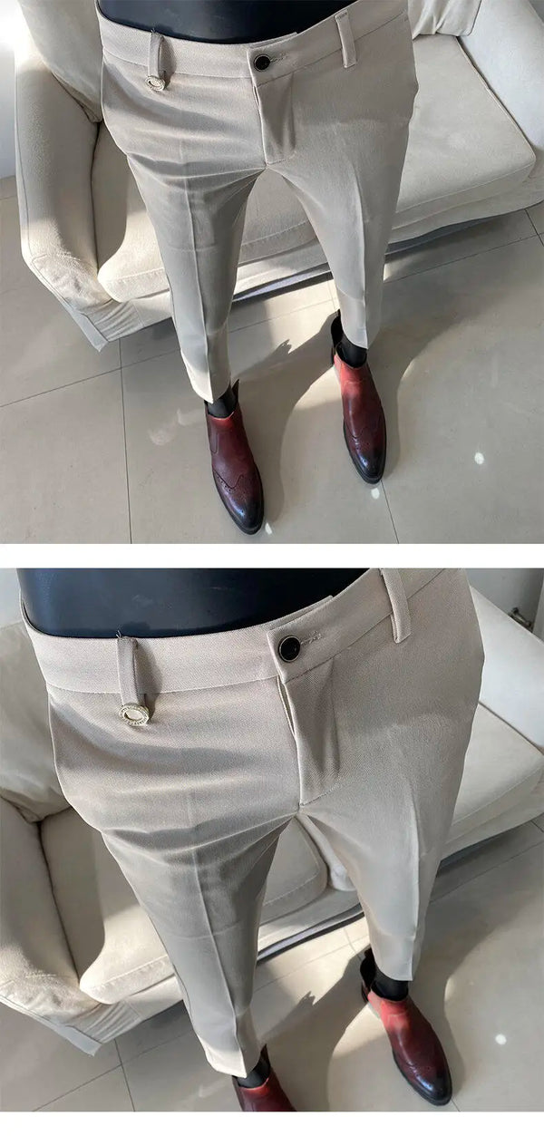 Slim fit business dress pants for men in black, khaki, and navy, perfect for autumn office wear and smart casual events.