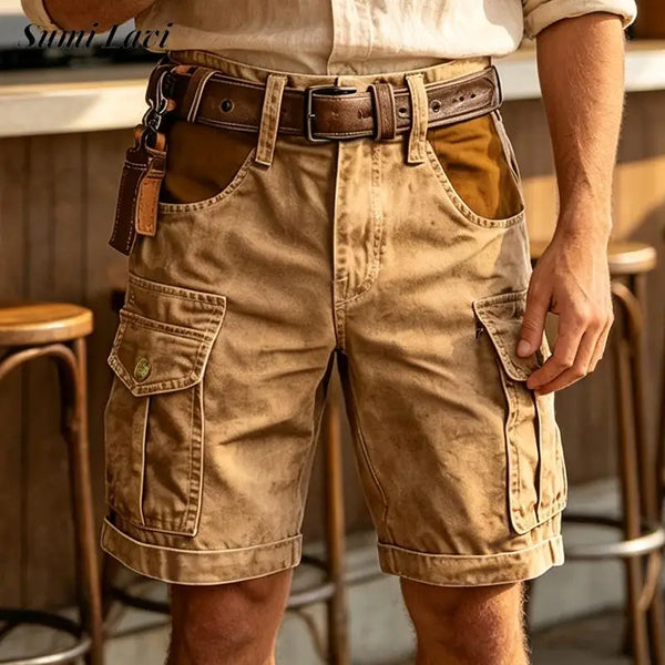 Multi-pocket cargo shorts with contrast patchwork detail in durable polyester fabric
