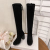 Chic over-the-knee black boots with chunky heels, lace-up detail, and comfortable cotton lining for stylish fall fashion.