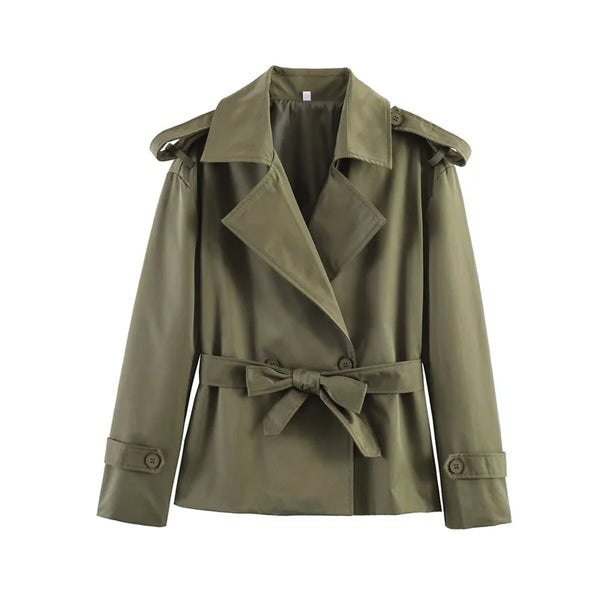 Belted Short Trench Coat with Double-Breasted Detail