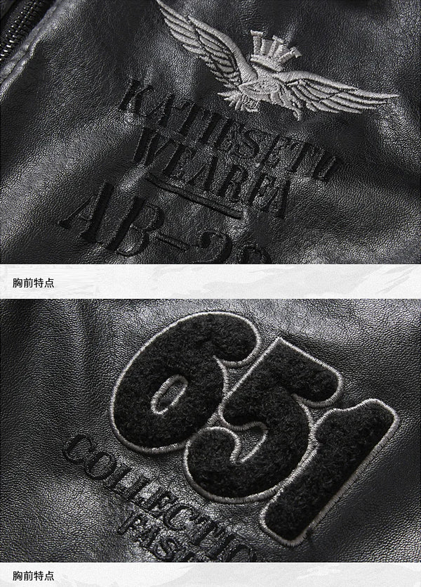 Men's Autumn/Winter Embroidered Leather Biker Jacket with detachable collar, fleece lining, and classic aviator design.