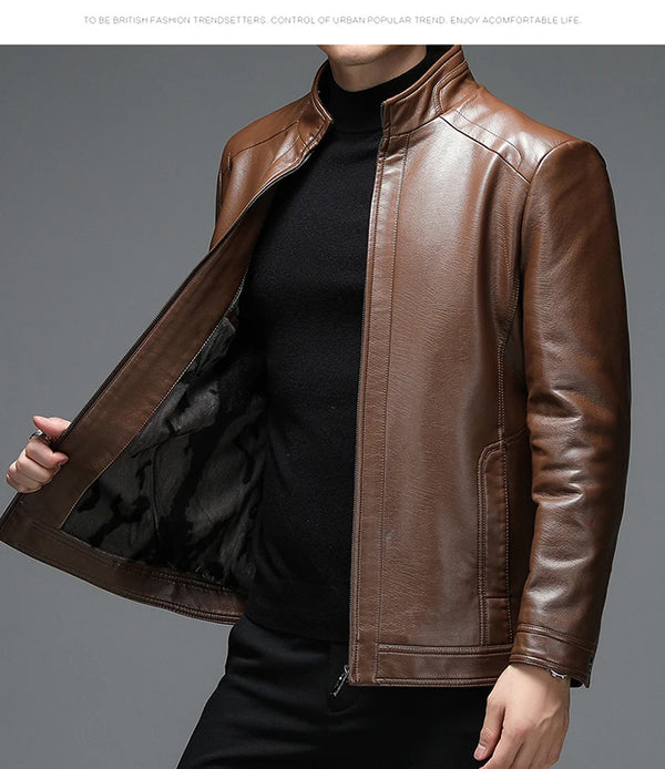 Classic goatskin leather jacket for men, lightweight, stylish, with stand collar and zipper, perfect for casual and business