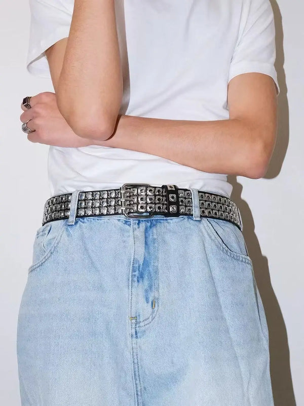 Unisex punk belt with square beads and triple grommets, adjustable and durable, perfect for edgy fashion styles.