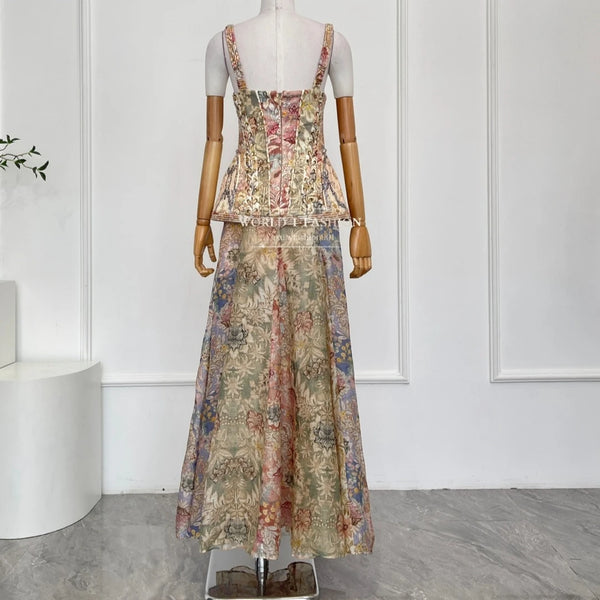 Sweetheart neckline and flowing silhouette of the Midnight Blooms dress, perfect for evening occasions.