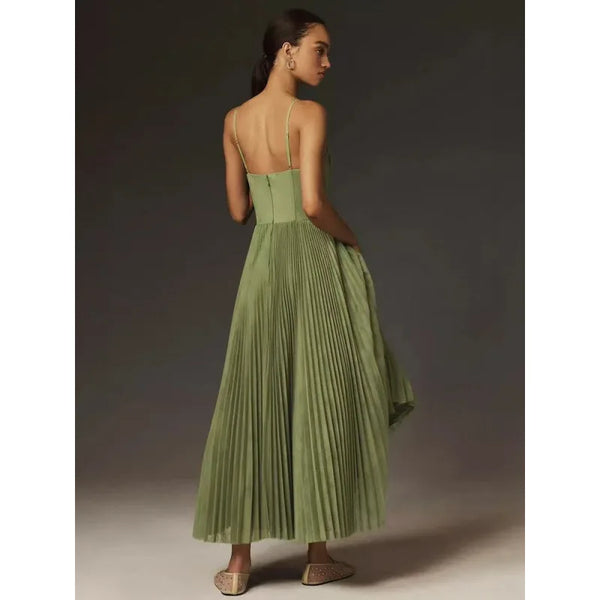 Slim-fit mid-calf dress featuring delicate pleats and architectural suspender detail