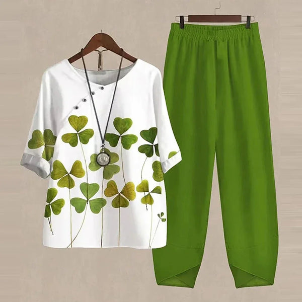 Floral two-piece set in vibrant colors, perfect for garden parties.