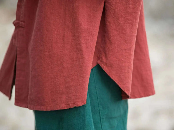 Natural cotton-linen stand collar coat with clean uncluttered silhouette