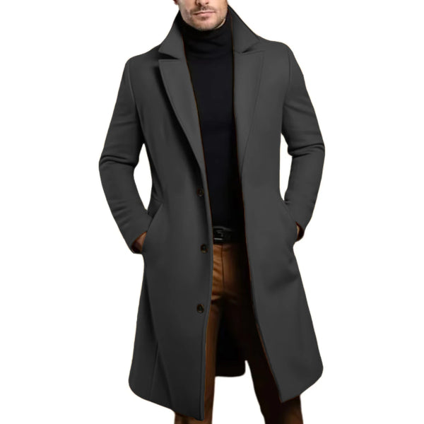 Elegant men's trench coat with stand collar and buckle details, perfect for casual and formal occasions in all seasons.