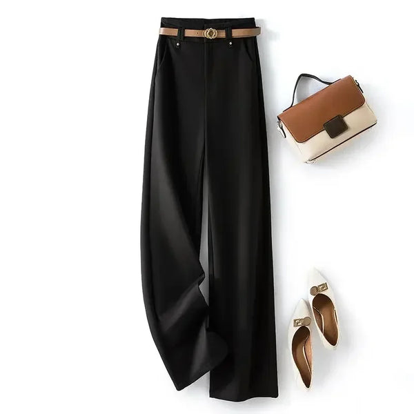 Elegant wide-leg work trousers for women in cotton blend, high waist, perfect for office wear and business casual outfits.