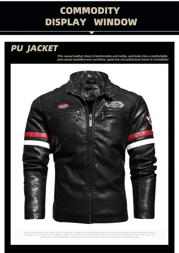 Stylish Men's PU Leather Biker Jacket in red, dark blue, and black with embroidery, perfect for winter and casual outings.