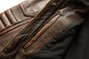 Premium men's leather biker jacket in rich brown with stand collar, crafted from durable first-layer calfskin leather.