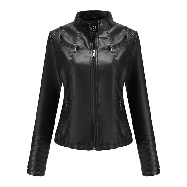 Chic women's slim leather biker jacket with zip detail, stand-up collar, and tailored fit for stylish urban looks.